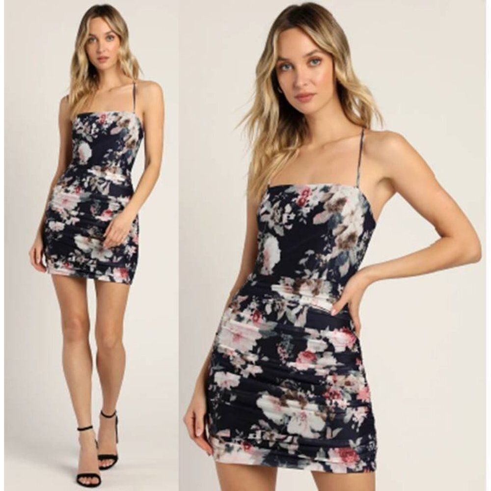 Lulus Lace-Up Luxe Stretch Floral Bodycon Party Mini Dress